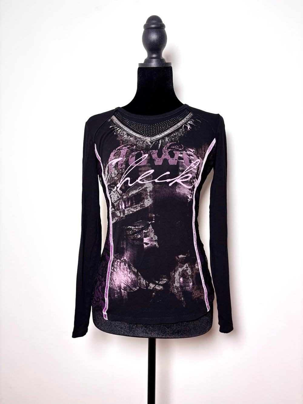 Vtg Y2K Biba Black Purple Graphic Top Rhinestones Lace Velvet Details Whimsigoth